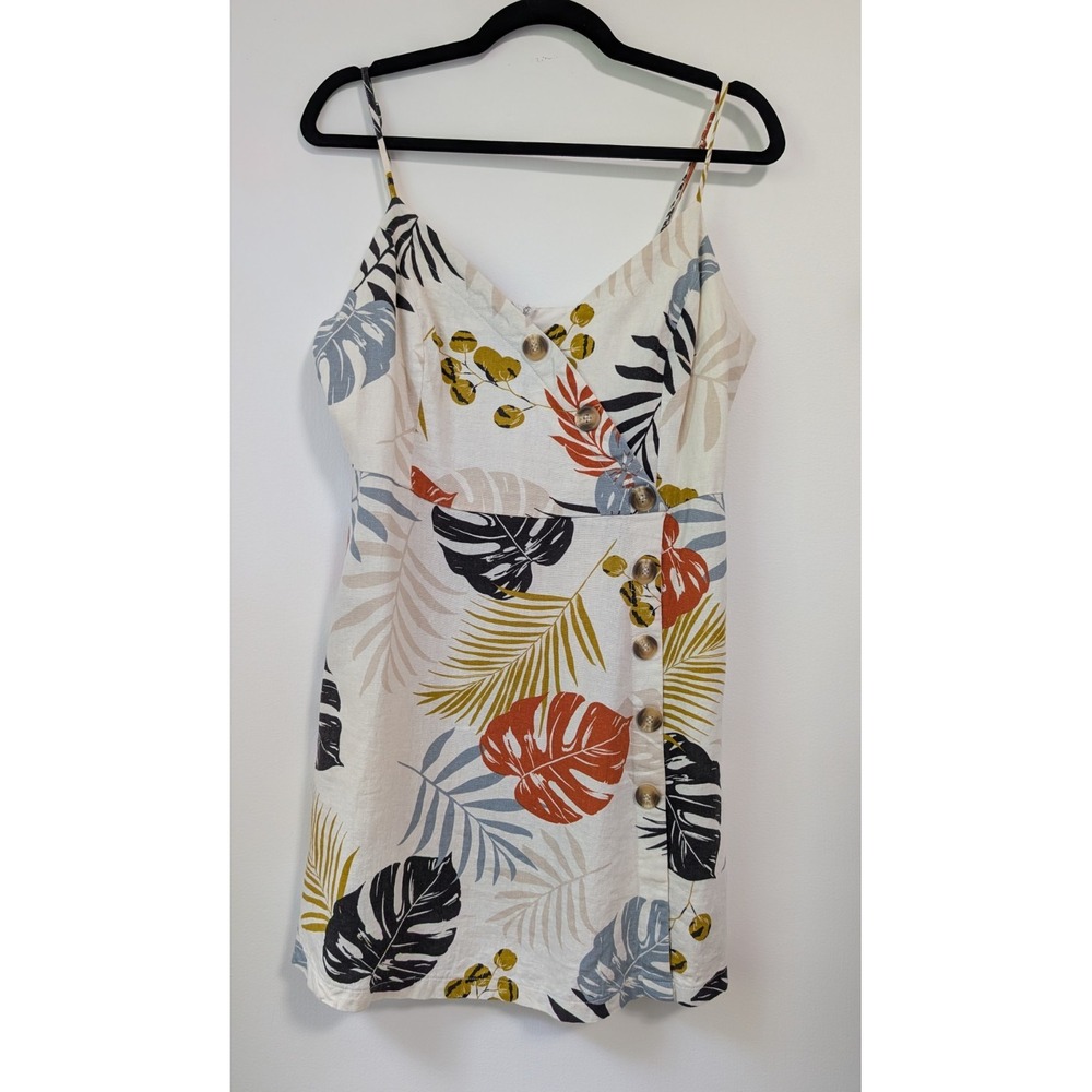 Lush Tropical Floral Linen Button Sleeveless A-Line Mini Dress Boho L